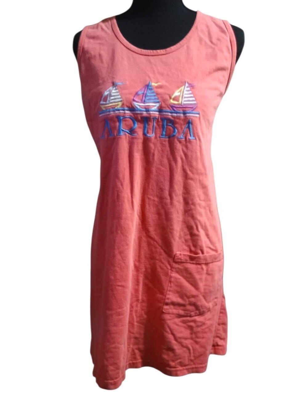 Cover-up Tank Dress Swimwear Aruba Embroidered Sailboat Beach W/Pocket One Size - Picture 1 of 10